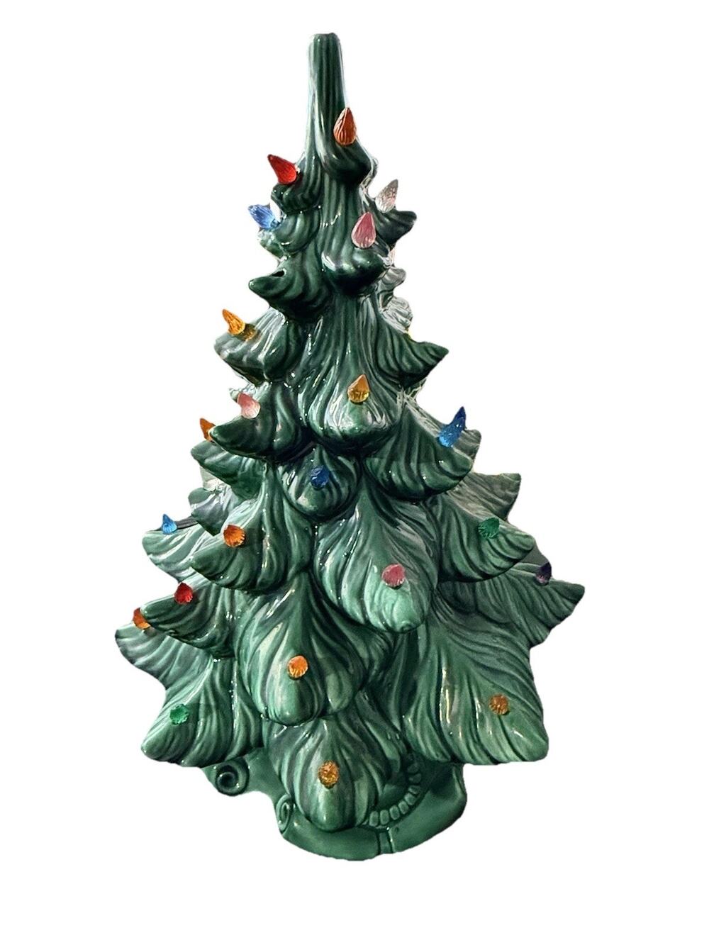 Vintage 1974 Atlantic Mold 16” Ceramic Christmas Tree Green w/ Base Bulbs- Works